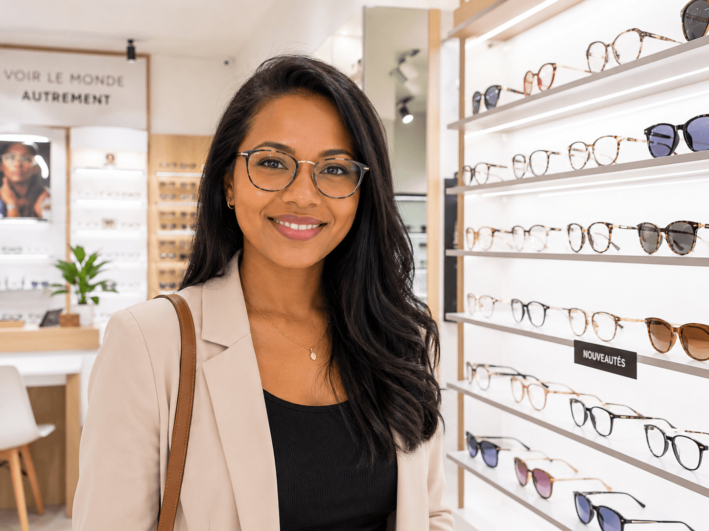 Femme essayant des lunettes de vue dans un magasin Krys Madagascar à Antananarivo